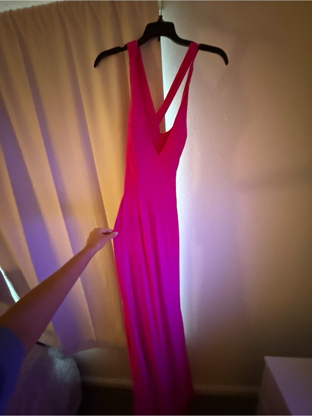 Alyce Paris Vibrant Pink V-Neck Strappy Maxi Dress